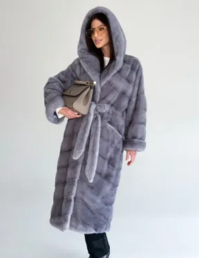 Удлиненная норковая шуба - кимоно с капюшоном - фото 10