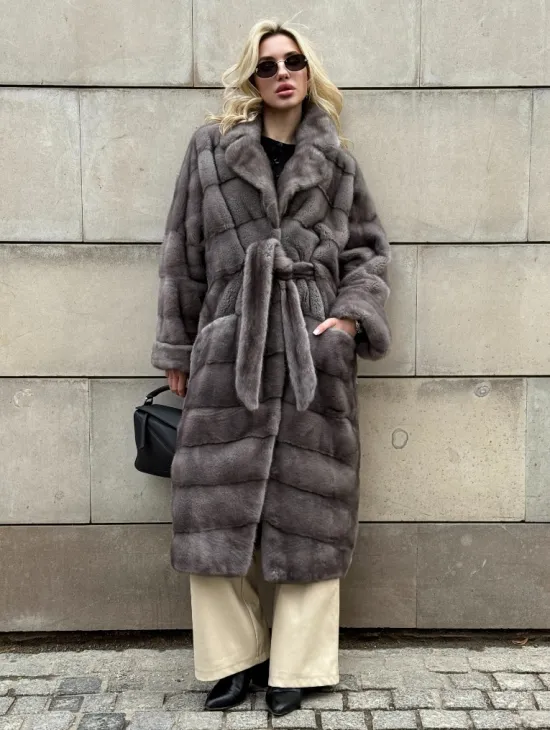 Шуба - кимоно под пояс из меха аукционной норки с английским воротником - фото 5