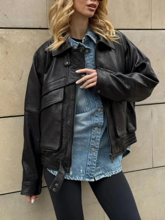 Трендовая куртка - бомбер oversize из натуральной кожи Joomba - фото 4