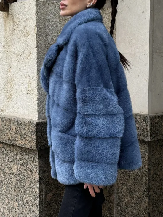 Короткая норковая шуба в цвете джинс с английским воротником - фото 5