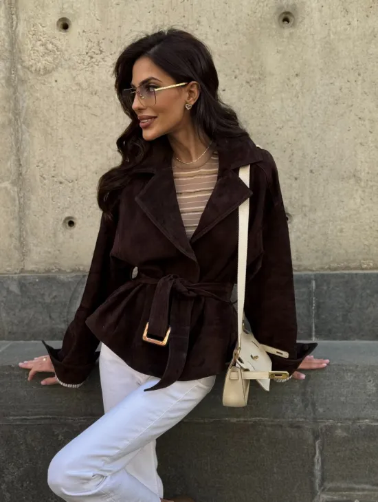 Жакет - куртка из замшевой кожи LUX с поясом - фото 10