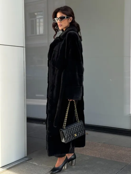 Удлиненная черная шуба с поясом из скандинавской норки - фото 6