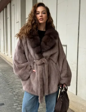 Норковая шуба летучка - воротник куница - фото 7