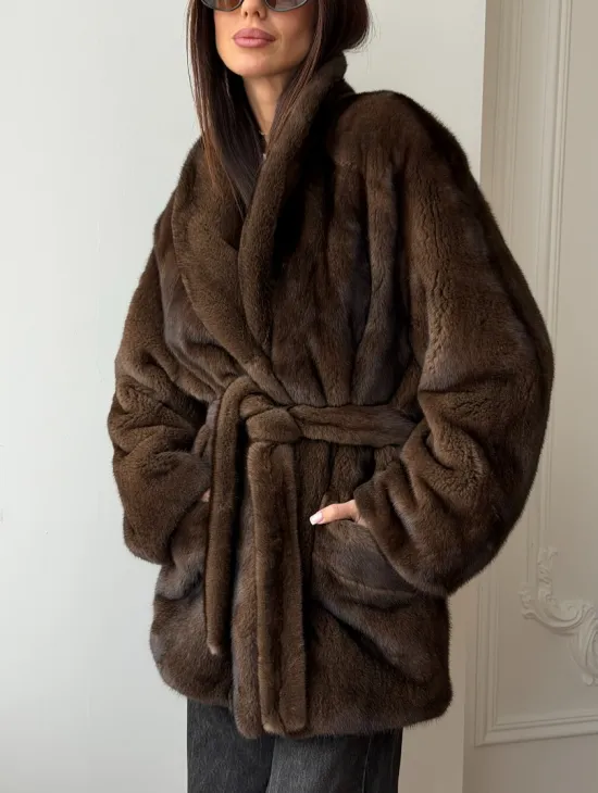 Коричневая норковая шуба под пояс - воротник шаль - фото 4