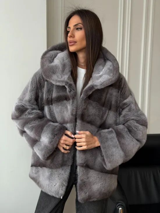 Норковый полушубок с капюшоном - цвет Platinum - фото 11