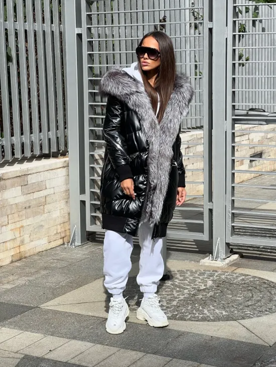 Пуховое пальто с меховым капюшоном из чернобурой лисы - фото 6