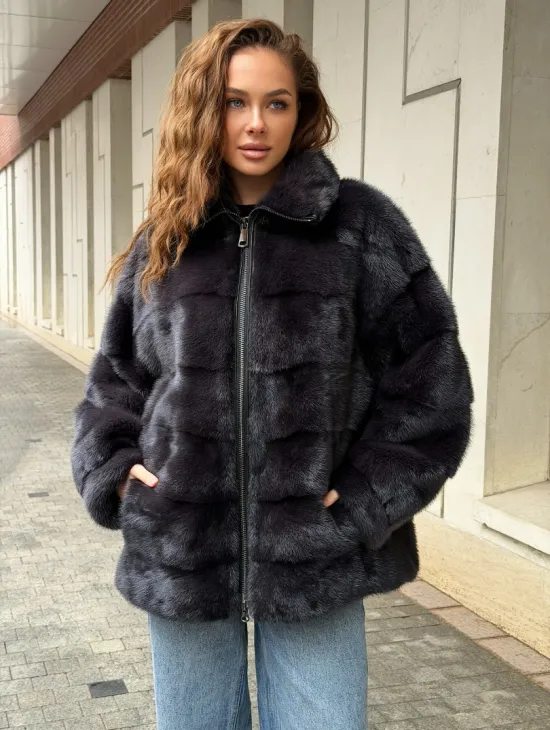 Норковая куртка на молнии - графит - фото 5