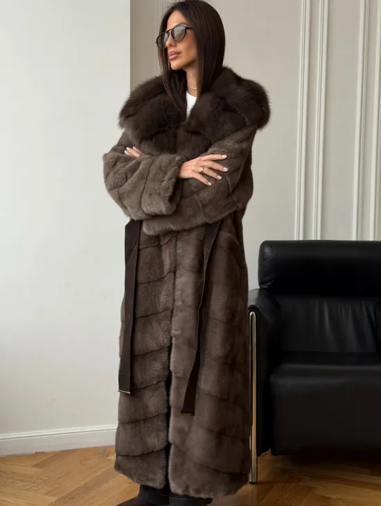 Шуба-кимоно с капюшоном куница - фото 2