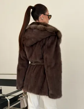 Коричневый норковый полушубок с мехом куницы - фото 6