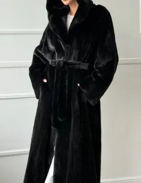 Чёрная норковая шуба модель «кимоно» с капюшоном кобра - фото 1
