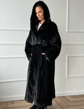 Чёрная норковая шуба модель «кимоно» с капюшоном кобра - фото 7