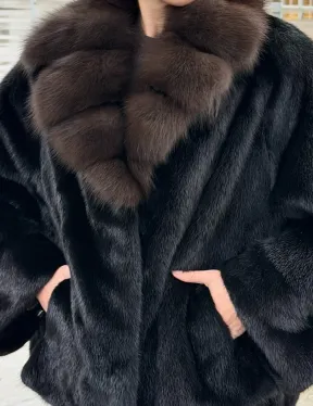 Черный норковый жакет с воротником куницы - фото 1