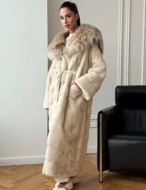 Длинная норковая шуба - капюшон из меха рыси - фото 0
