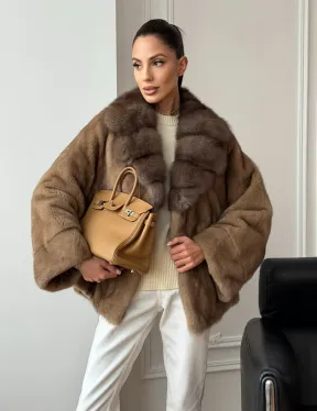 Норковый полушубок с воротником куницы 70 см - фото 8