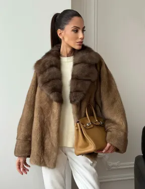 Норковый полушубок с воротником куницы 70 см - фото 7