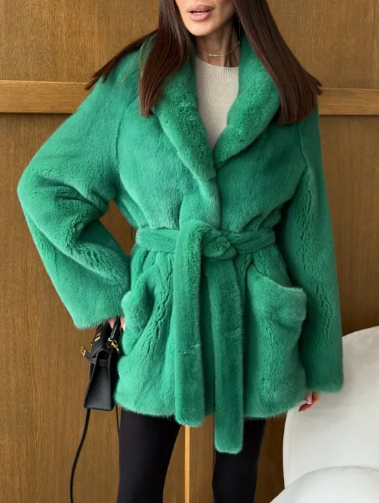 Шуба из плюшевой норки VELVEТ - изумруд - фото 4