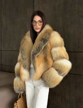 Полушубок-кроп с шалевым воротником из лисы - фото 12