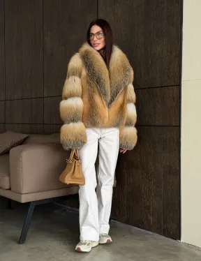 Полушубок-кроп с шалевым воротником из лисы - фото 7