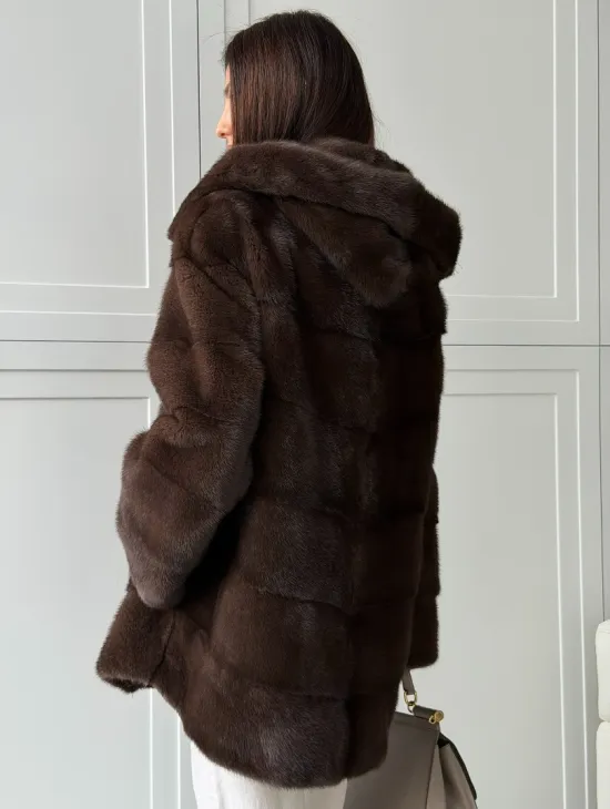 Норковая шуба в стиле «рубашка» с капюшоном - фото 5