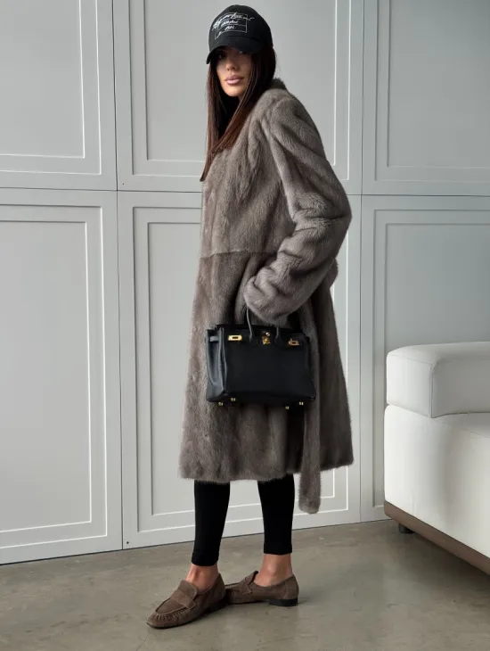 Норковая шуба из скандинавской норки - цвет серый - фото 10