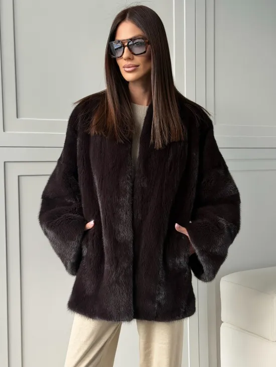 Женский норковый полушубок с V - образным воротником - фото 7