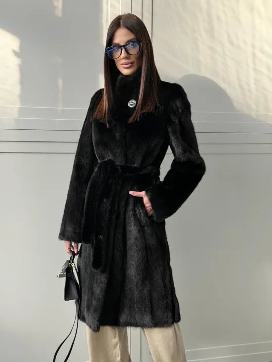 Черная норковая шуба - воротник стойка - фото 6