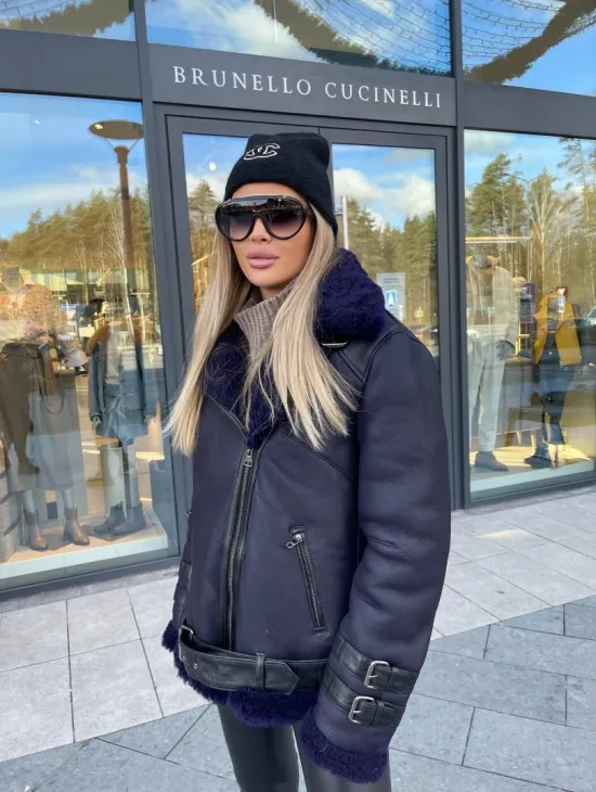 Авиатор из натуральной овчины в синем цвете - фото 1