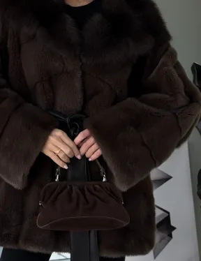 Норковая шуба кимоно с капюшоном куница - фото 1