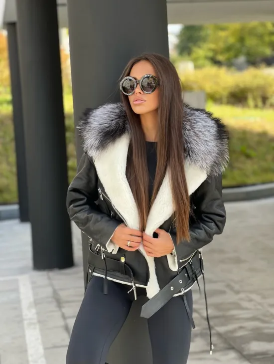 Авиатор из натуральной кожи с воротником из чернобурой лисы - фото 1
