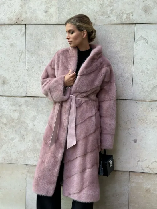 Шуба норковая с поясом - цвет розовый фламинго - фото 0