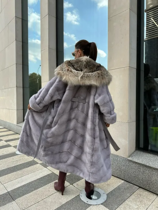 норковая шуба с капюшоном из меха рыси цвет серый сапфир - фото 6