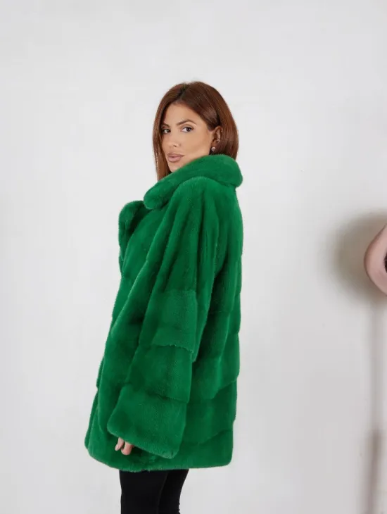 Норка кимоно паркет с английским воротником - светлый изумруд - фото 2
