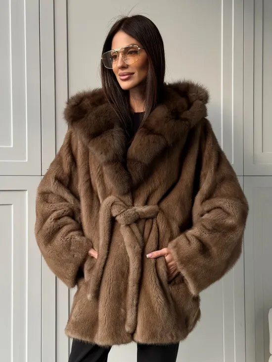 Норка NAFA пошив роспуск пастель с капюшоном куница -летучая мышь - фото 11