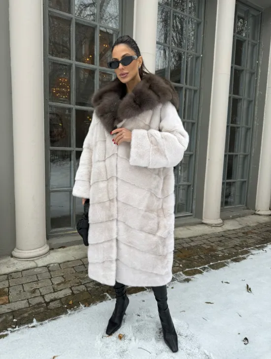 Норковое кимоно с капюшоном из меха куницы - цвет жемчуг - фото 6