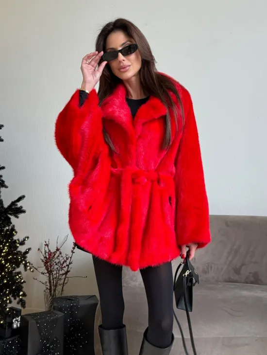 Красная норковая шуба - летучка английский воротник - фото 6