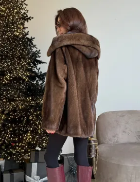 Норка автоледи с капюшоном, роспуск в цвете орех - фото 5