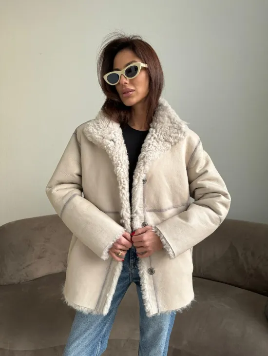 Дубленка двусторонняя из натурального меха тиградо - стойка воротник - фото 7