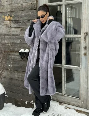 Шуба норковая в стиле Oversize - цвет серый сапфир - фото 2