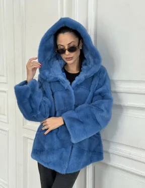 Норковый полушубок с капюшоном, паркет - цвет васильковый - фото 3