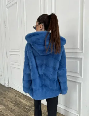 Норковый полушубок с капюшоном, паркет - цвет васильковый - фото 4