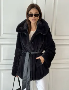 Норковый жакет с капюшоном, роспуск - цвет графит - фото 0