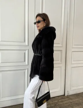 Норковый жакет с капюшоном, роспуск - цвет графит - фото 6