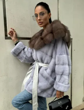 Шуба норковая с капюшоном из меха куницы - цвет голубой - фото 0