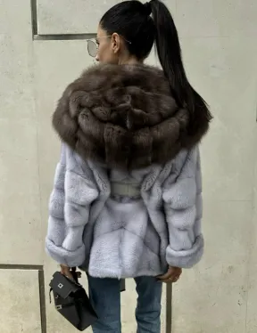 Шуба норковая с капюшоном из меха куницы - цвет голубой - фото 10