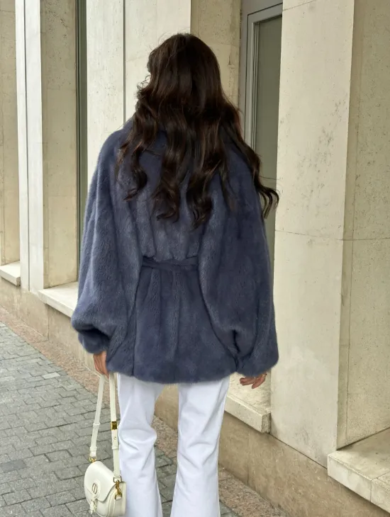 Шуба норковая летучая мышь - цвет джинс - фото 1