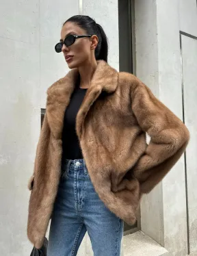 Женский норковый жакет в песочном цвете - фото 1